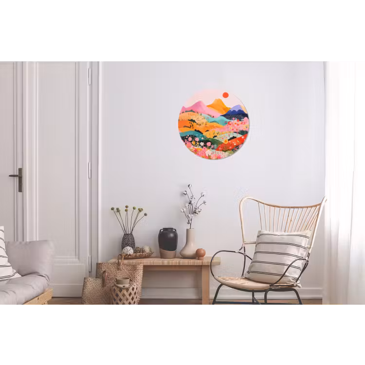 Kleurrijke bloemen - Bergen - Fantasielandschap Wandcirkel aluminium klein -woonkamer