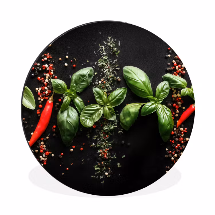 Chilipepers - Basilicum - Blaadjes - Rood Wandcirkel aluminium klein -3d