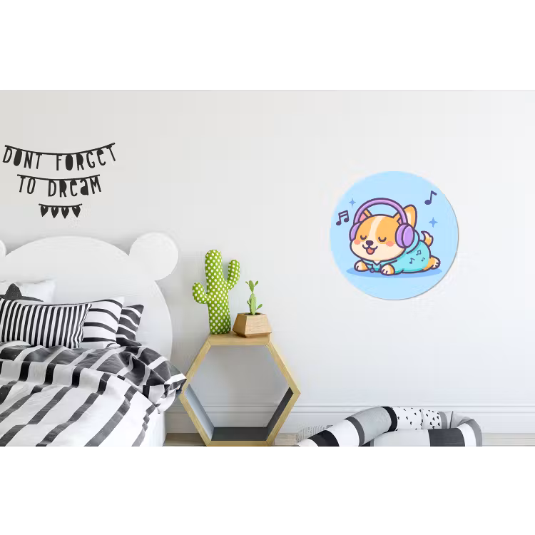 Corgi - Koptelefoon - Blauw - Muzieknoten Wandcirkel aluminium klein -kinderkamer