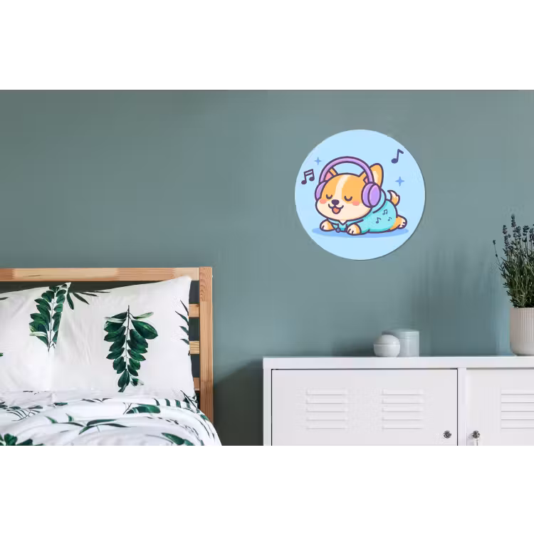 Corgi - Koptelefoon - Blauw - Muzieknoten Wandcirkel aluminium klein -slaapkamer