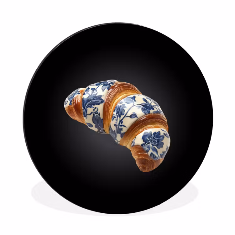 Croissant - Bloemenpatroon - Delftsblauw Wandcirkel aluminium klein -3d