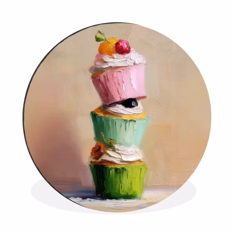 Cupcakes - Gestapeld - Kleurrijk - Fruit Wandcirkel aluminium klein -3d