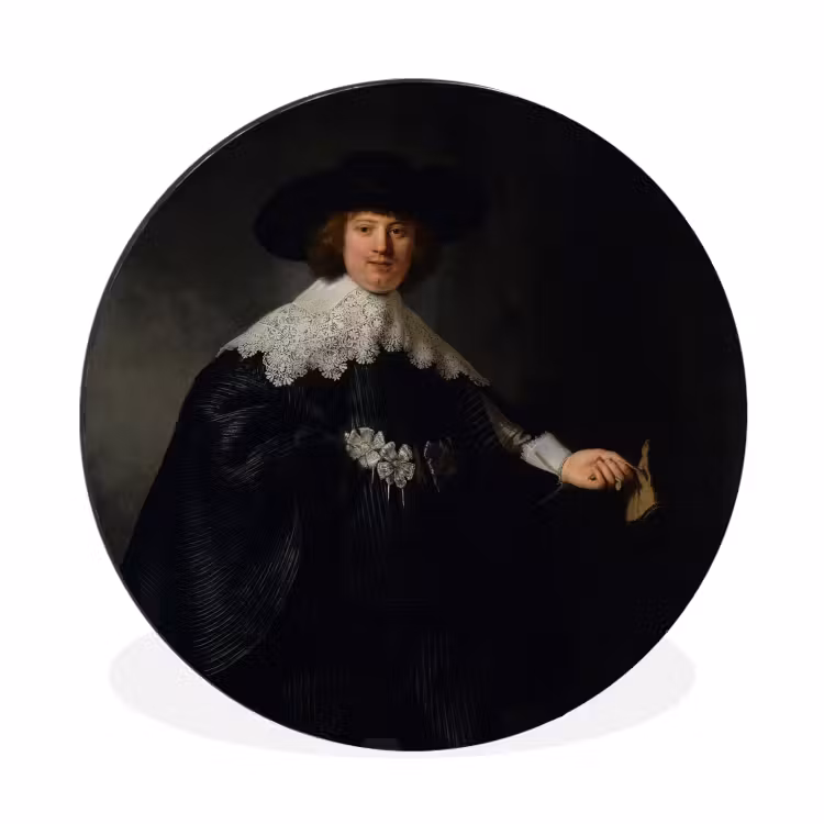Het huwelijksportret van Marten Soolmans - Rembrandt van Rijn Wandcirkel aluminium klein -3d