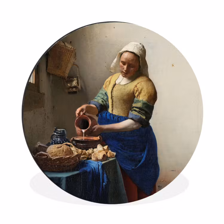 Het melkmeisje - Schilderij van Johannes Vermeer Wandcirkel aluminium klein -3d
