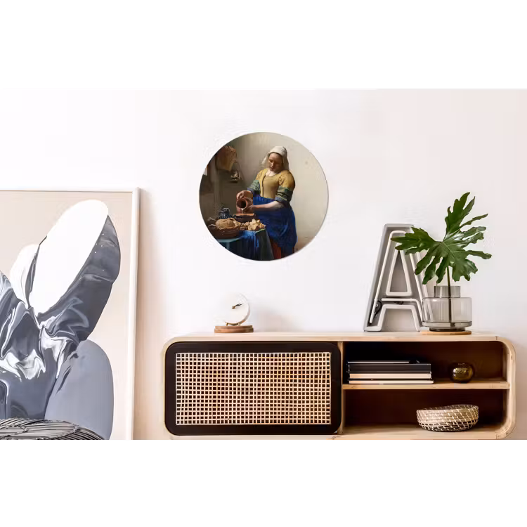 Het melkmeisje - Schilderij van Johannes Vermeer Wandcirkel aluminium klein -kantoor