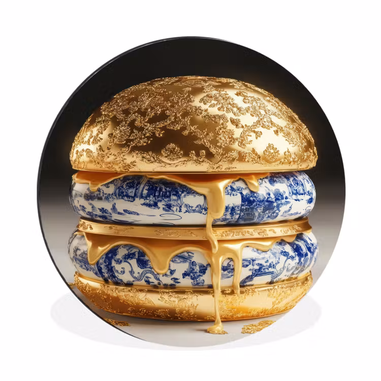 Delftsblauw - Goud - Burger Wandcirkel aluminium klein -3d