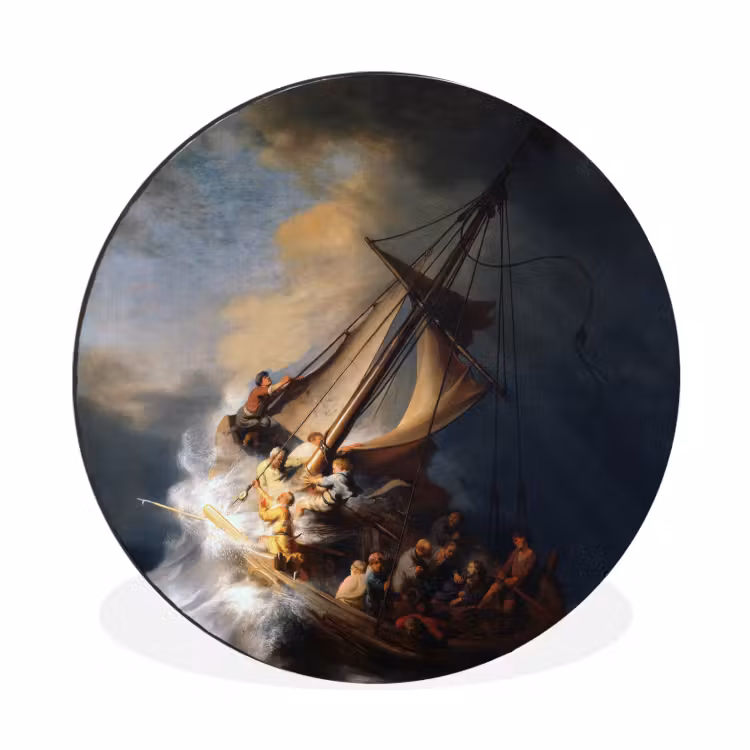 De storm op het meer van Galilea - Rembrandt van Rijn Wandcirkel aluminium klein -3d