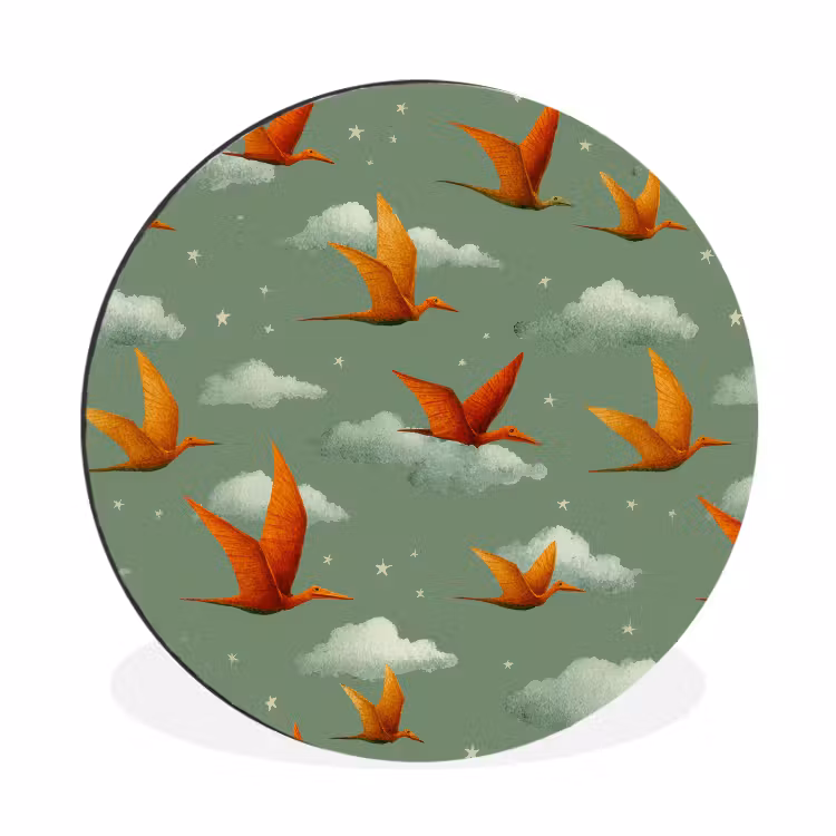 Dinosaurussen - Wolken - Sterren - Oranje Wandcirkel aluminium klein -3d