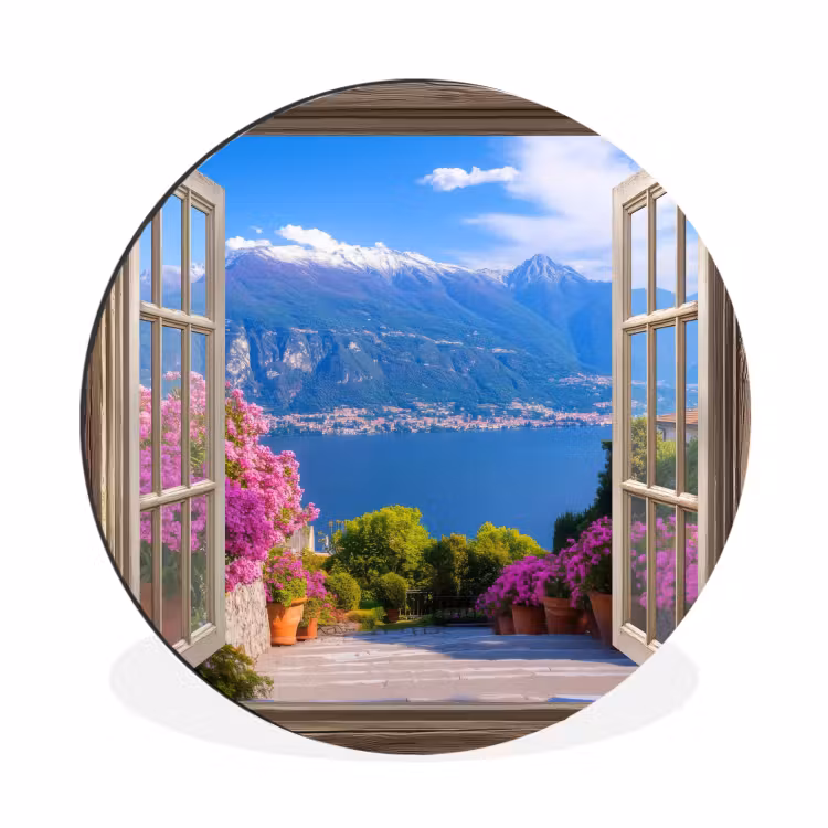 Doorkijk - Berg - Landschap - Uitzicht - Meer Wandcirkel aluminium klein -3d