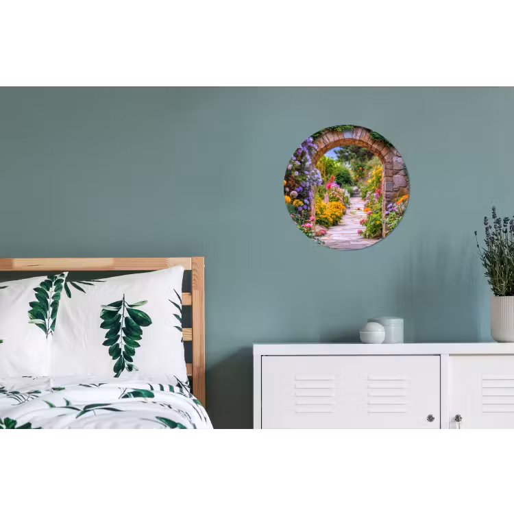 Doorkijk - Bloemen - Pad - Natuur Wandcirkel aluminium klein -slaapkamer
