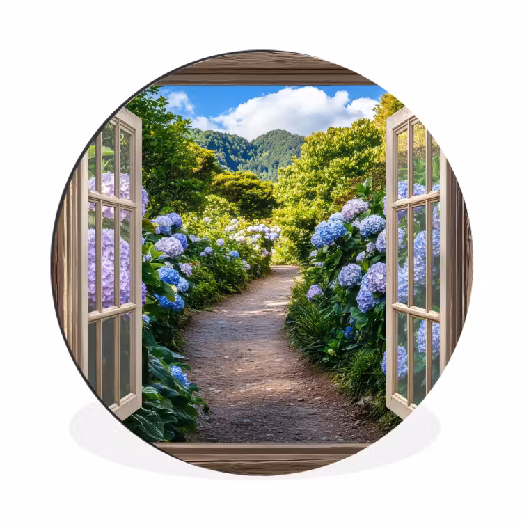 Doorkijk - Hortensia - Pad - Natuur Wandcirkel aluminium klein -3d