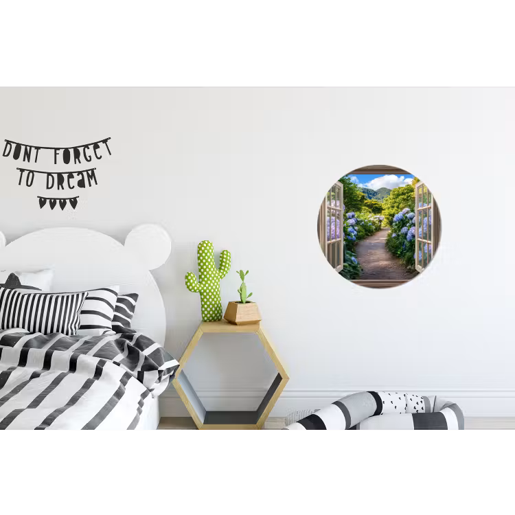 Doorkijk - Hortensia - Pad - Natuur Wandcirkel aluminium klein -kinderkamer
