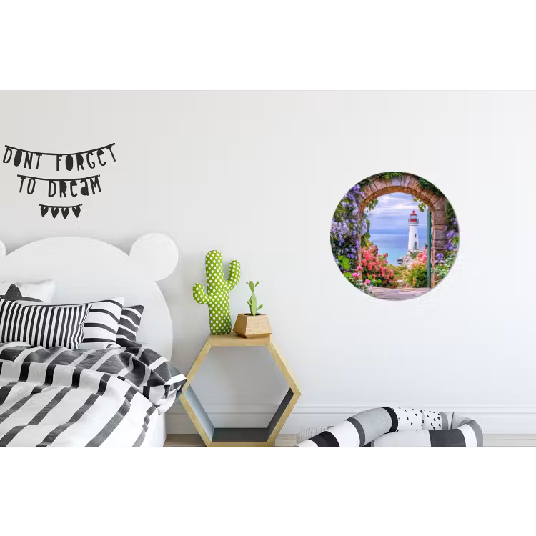 Doorkijk - Vuurtoren - Bloemen - Uitzicht Wandcirkel aluminium klein -kinderkamer