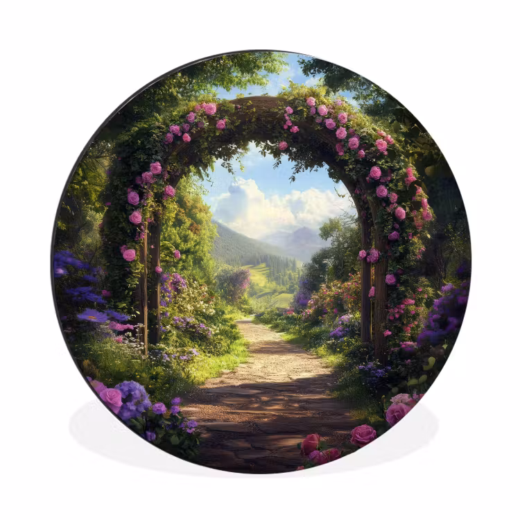 Doorkijk - Rozenboog - Uitzicht - Landschap - Bloemen Wandcirkel aluminium klein -3d