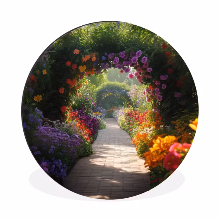 Doorkijk - Pad - Bloemen - Struik - Kleurrijk Wandcirkel aluminium klein -3d
