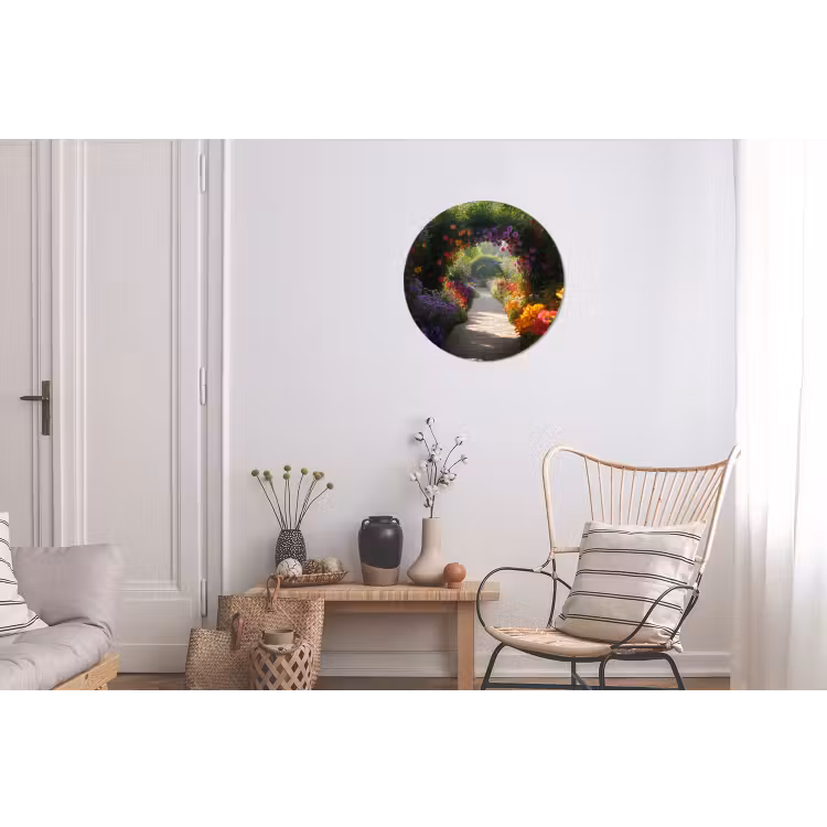 Doorkijk - Pad - Bloemen - Struik - Kleurrijk Wandcirkel aluminium klein -woonkamer
