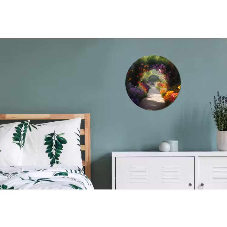 Doorkijk - Pad - Bloemen - Struik - Kleurrijk Wandcirkel aluminium klein -slaapkamer