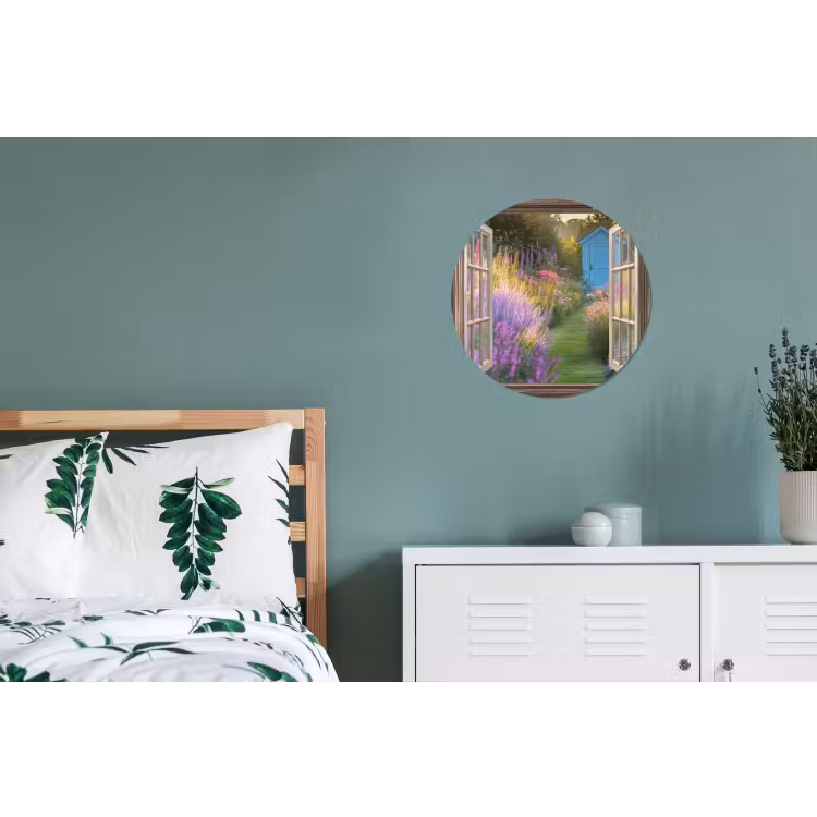 Doorkijk - Bloemen - Raam - Natuur Wandcirkel aluminium klein -slaapkamer