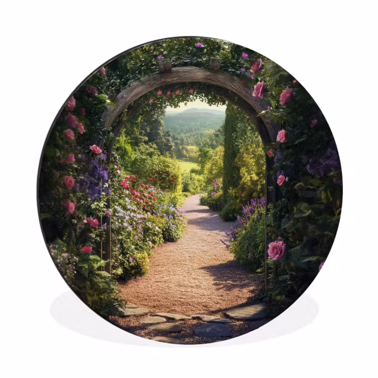 Doorkijk - Bloemen - Natuur - Rozenboog Wandcirkel aluminium klein -3d