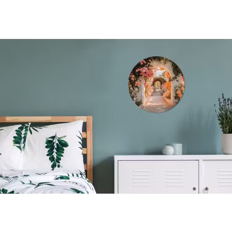 Doorkijk - Boog - Bloemen - Pastel Wandcirkel aluminium klein -slaapkamer