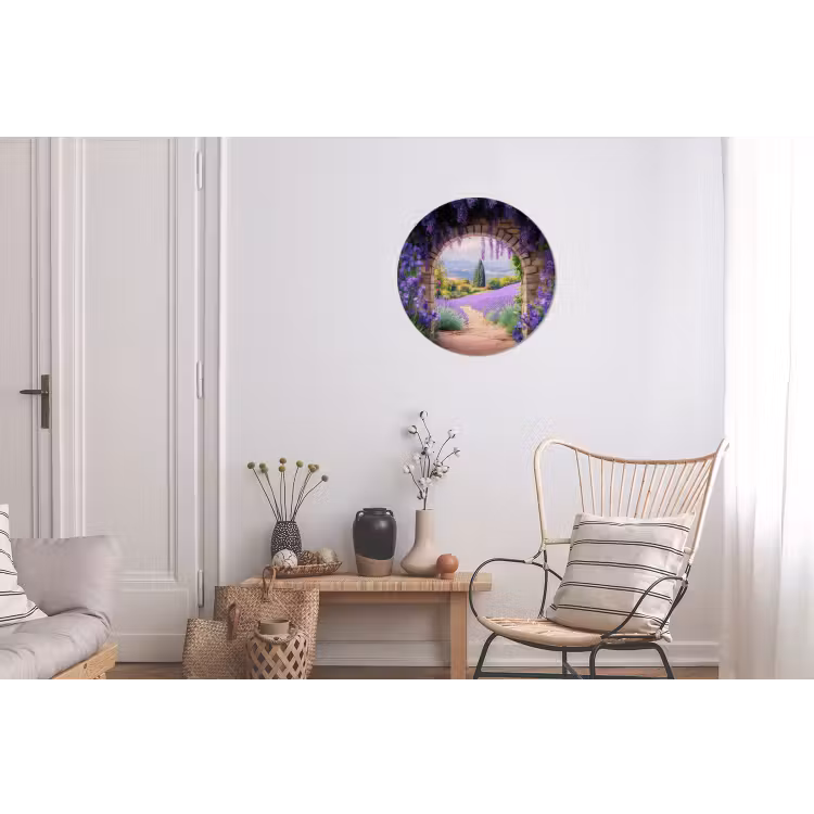 Doorkijk - Lavendel - Bloemen - Paars - Poort Wandcirkel aluminium klein -woonkamer