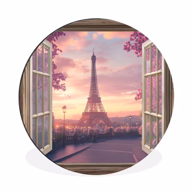 Doorkijk - Parijs - Eiffeltoren - Roze - Kersenbloesem Wandcirkel aluminium klein -3d