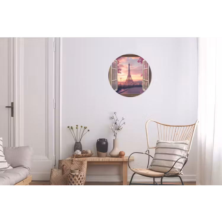 Doorkijk - Parijs - Eiffeltoren - Roze - Kersenbloesem Wandcirkel aluminium klein -woonkamer