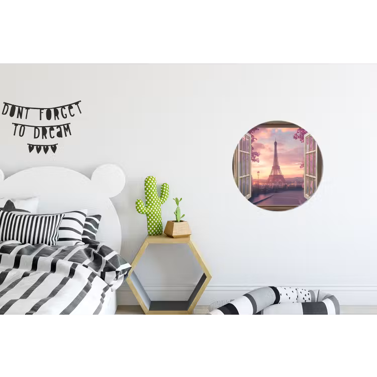 Doorkijk - Parijs - Eiffeltoren - Roze - Kersenbloesem Wandcirkel aluminium klein -kinderkamer