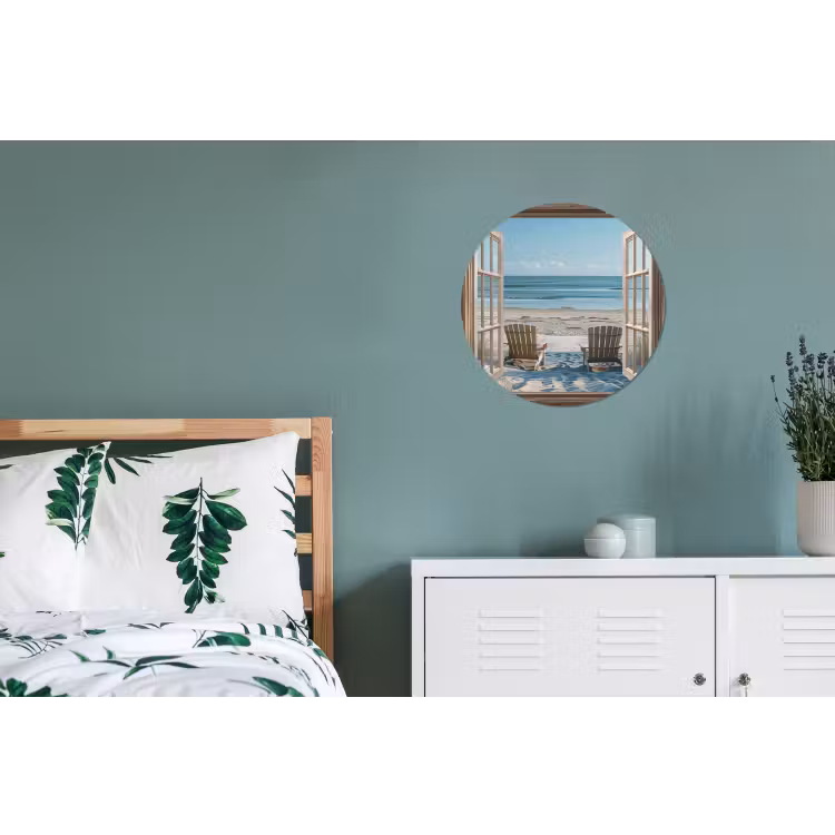Doorkijk - Strandstoelen - Duinen - Zee - Natuur Wandcirkel aluminium klein -slaapkamer