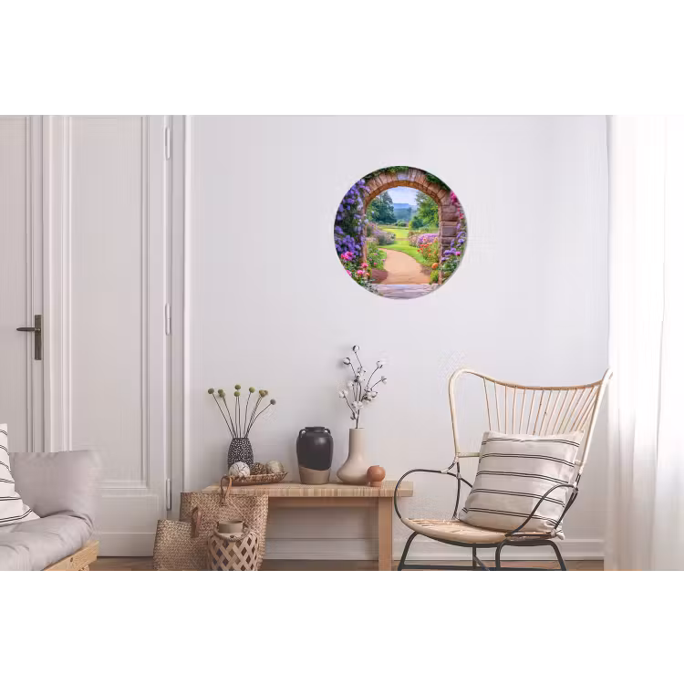 Doorkijk - Poort - Bloemen - Tuin Wandcirkel aluminium klein -woonkamer