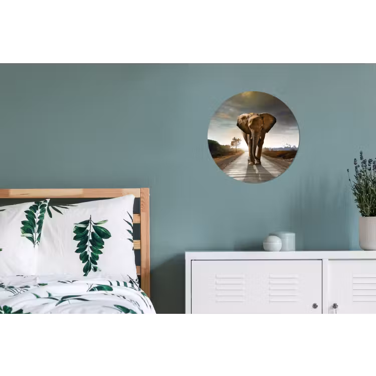 Olifant - Weg - Dieren - Zonsondergang - Landschap Wandcirkel aluminium klein -slaapkamer