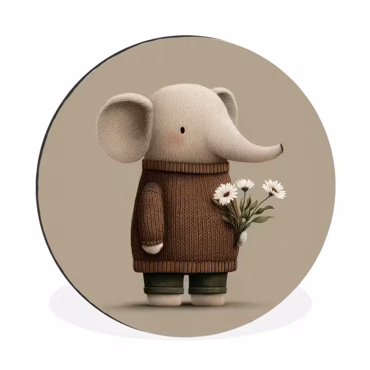 Olifant - Witte bloemen - Kindvriendelijk Wandcirkel aluminium klein -3d