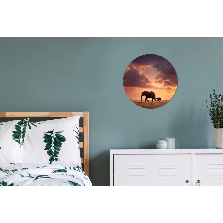 Olifanten - Grasland - Zonsondergang Wandcirkel aluminium klein -slaapkamer