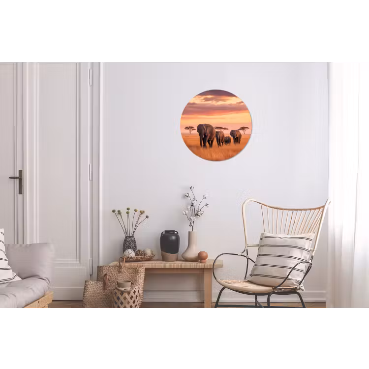 Groep olifanten - Open vlakte - Zon Wandcirkel aluminium klein -woonkamer