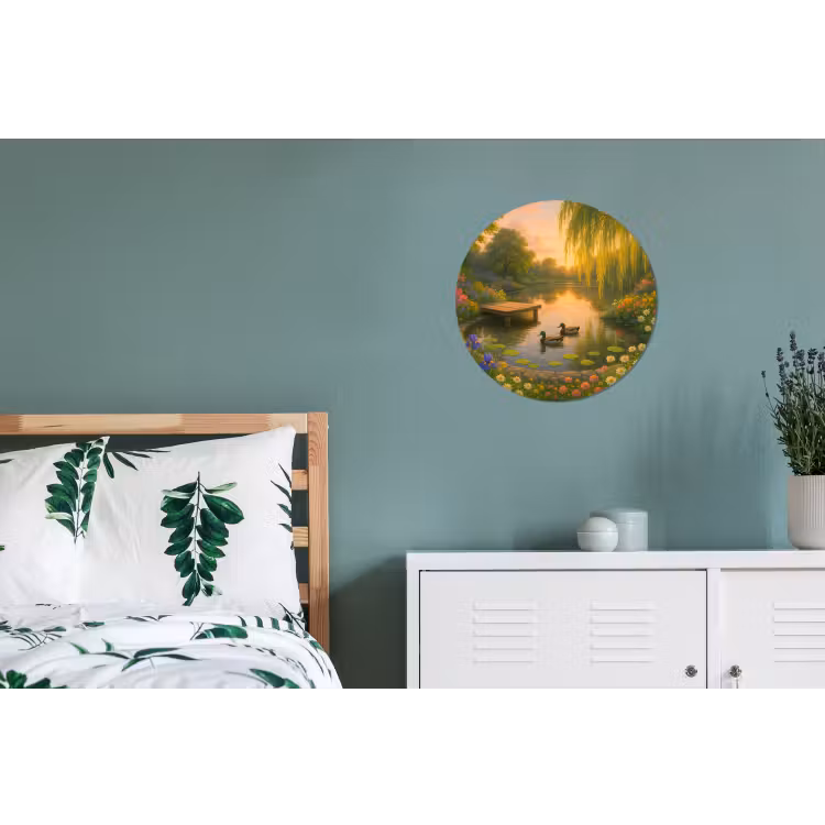 Eenden - Vijver - Bloemen Wandcirkel aluminium klein -slaapkamer