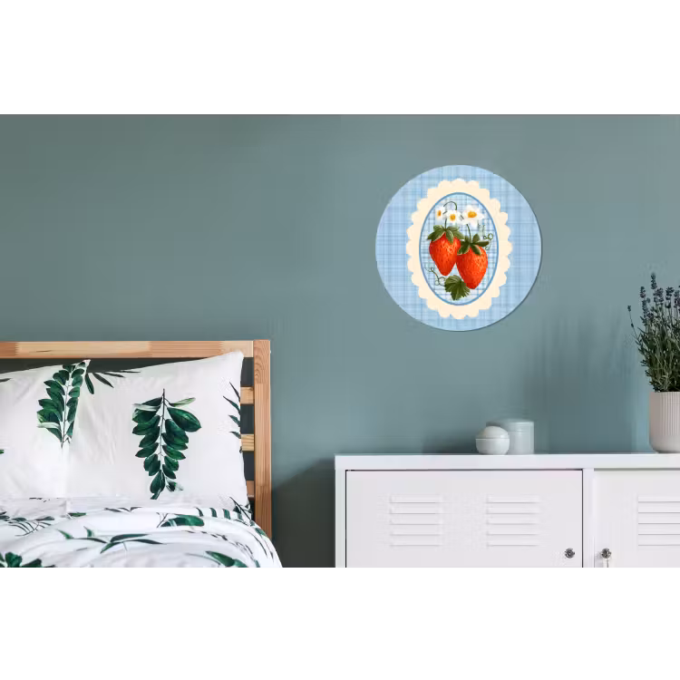 Aardbeien - Lijst - Rood - Geruit Wandcirkel aluminium klein -slaapkamer