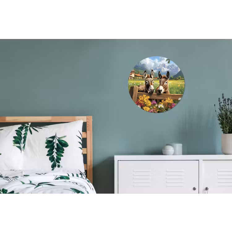Ezels - Bloemen - Zomers Wandcirkel aluminium klein -slaapkamer