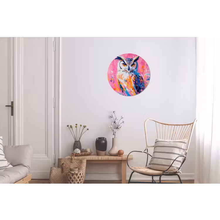Uil - Roze - Blauw - Verf - Abstract Wandcirkel aluminium klein -woonkamer