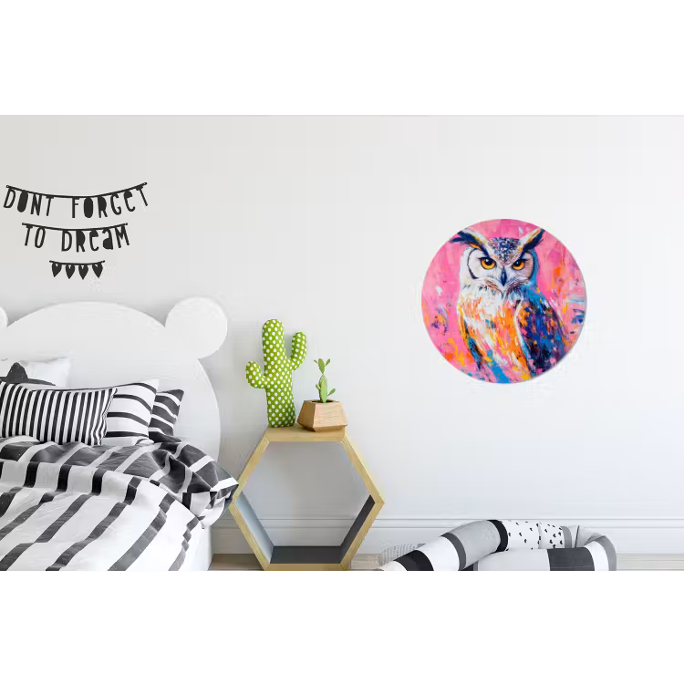 Uil - Roze - Blauw - Verf - Abstract Wandcirkel aluminium klein -kinderkamer