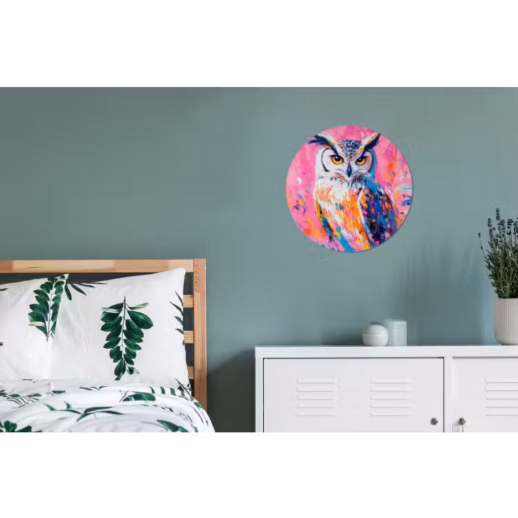 Uil - Roze - Blauw - Verf - Abstract Wandcirkel aluminium klein -slaapkamer