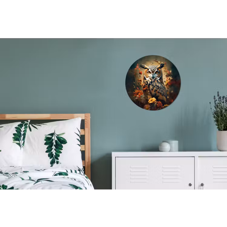 Uil - Vogel - Bloemen - Planten - Botanisch Wandcirkel aluminium klein -slaapkamer