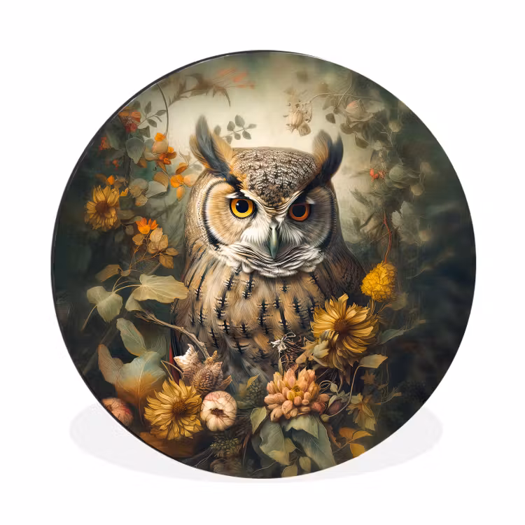 Uil - Vogels - Bloemen - Natuur Wandcirkel aluminium klein -3d