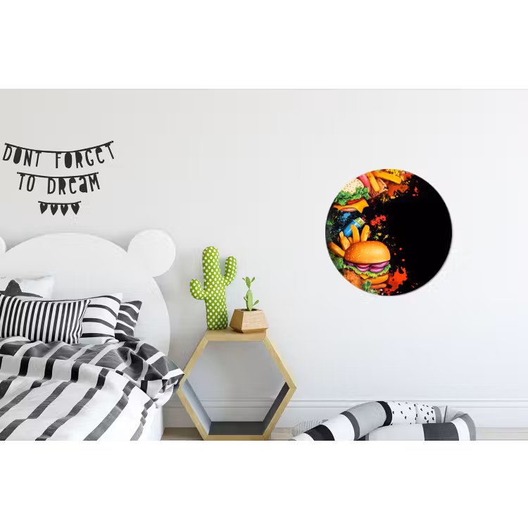 Fastfood - Graffiti - Hamburger - Eten - Modern Wandcirkel aluminium klein -kinderkamer