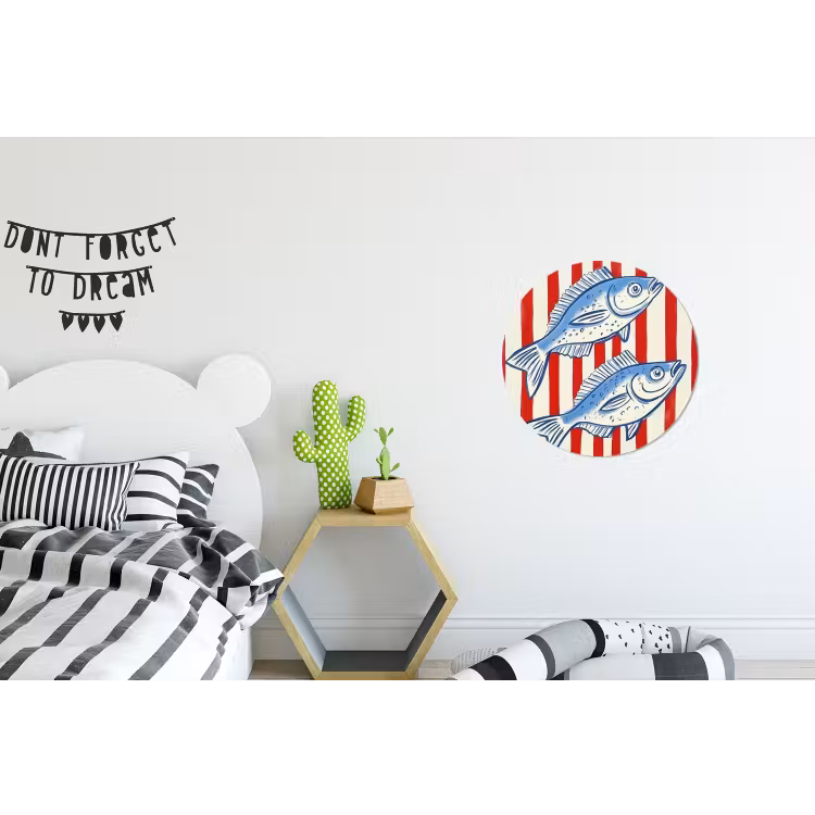 Vissen - Verticale strepen - Blauw - Rood Wandcirkel aluminium klein -kinderkamer