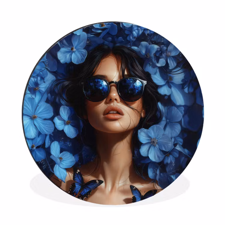 Vrouw - Blauw - Bloemen - Vlinders - Natuur Wandcirkel aluminium klein -3d