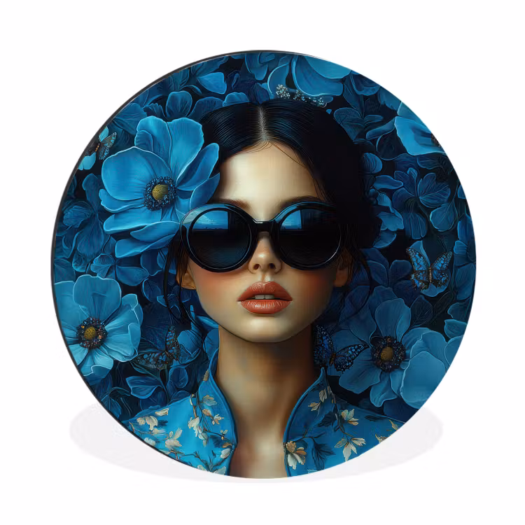 Vrouw - Bloemen - Blauw - Aesthetic - Luxe Wandcirkel aluminium klein -3d