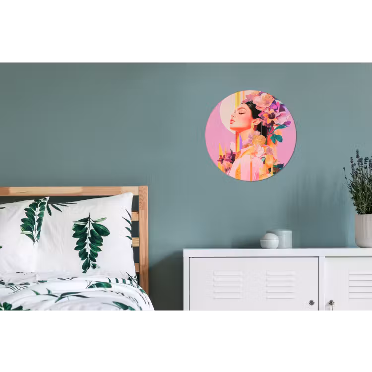 Vrouw - Bloemen - Paars - Abstract Wandcirkel aluminium klein -slaapkamer