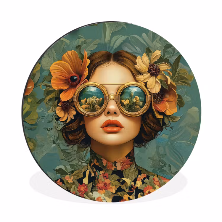 Vrouw - Bloemen - Vlinders - Natuur - Vintage Wandcirkel aluminium klein -3d