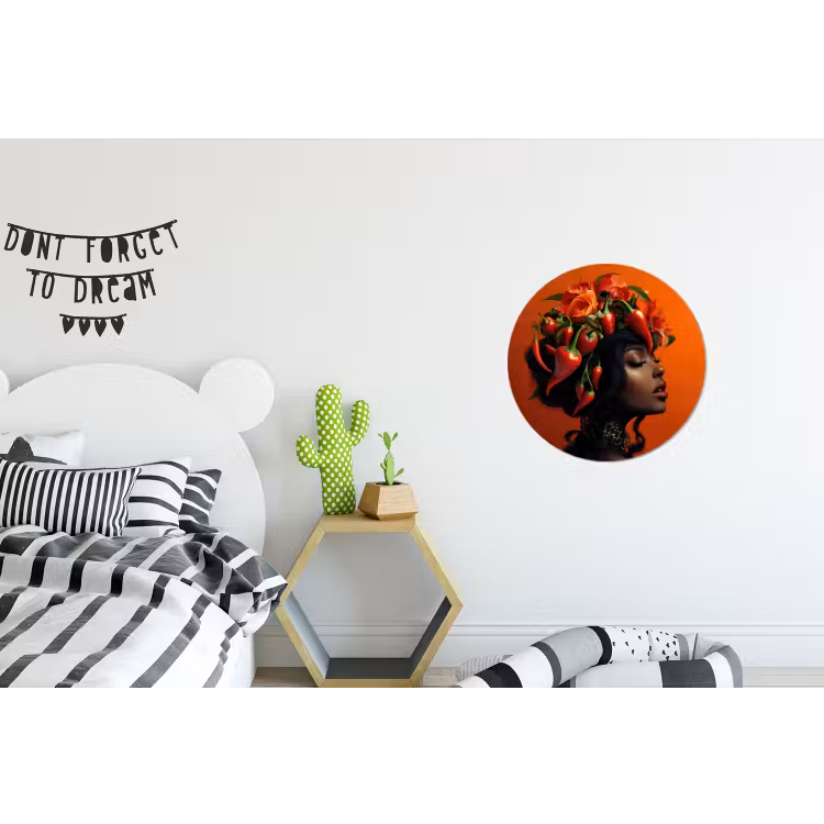 Vrouw - Chilipepers - Pepers - Bloemen Wandcirkel aluminium klein -kinderkamer