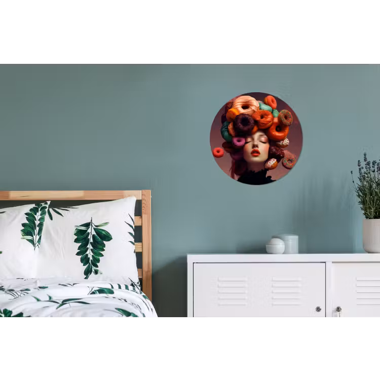 Vrouw - Donuts - Kleurrijk Wandcirkel aluminium klein -slaapkamer